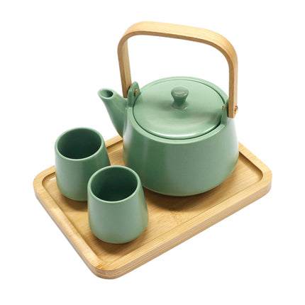 Green Matte Glazed Tea Set 22 oz Tea Pot with 2 Cups and Wooden Tray (1/12)
