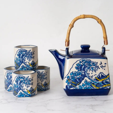 Great Wave Tea Set – 20oz Teapot with 4 Hexagon Cups