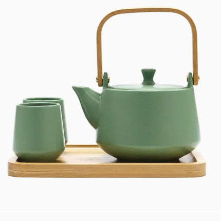 Green Matte Glazed Tea Set – 22oz Teapot, 2 Cups & Wooden Tray