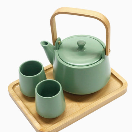 Green Matte Glazed Tea Set – 22oz Teapot, 2 Cups & Wooden Tray