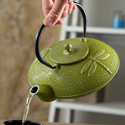 Green Dragonfly Design 37oz Cast Iron Tea Pot (1/8)